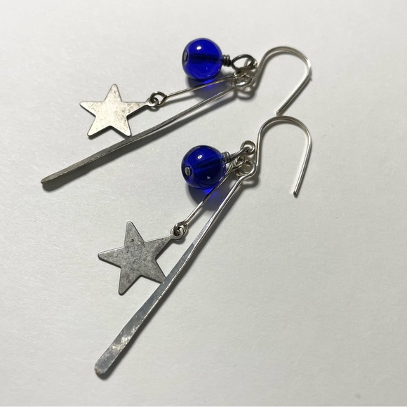 Star Earrings Sterling Silver Cobalt Blue Handmade - Picture 4 of 7
